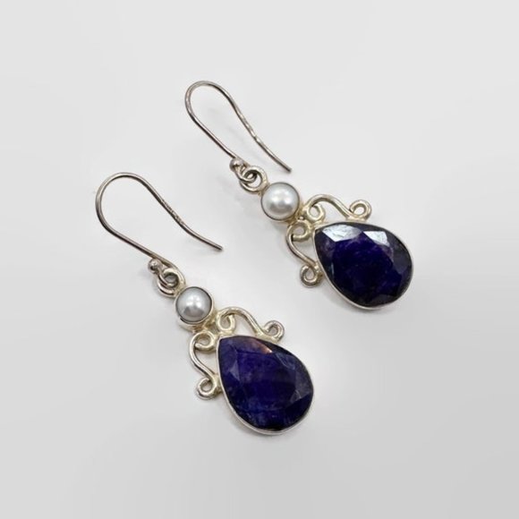 Jewelry - Spinel Earrings, Pearl, Sterling Silver, Pierced, Blue Stone, Dangle Earrings